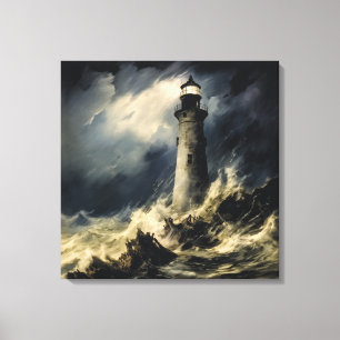 De vuurtoren in Storm Fine Art Canvas Afdruk