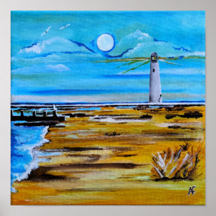De vuurtoren op het strand Schilderij van Alfred F Poster