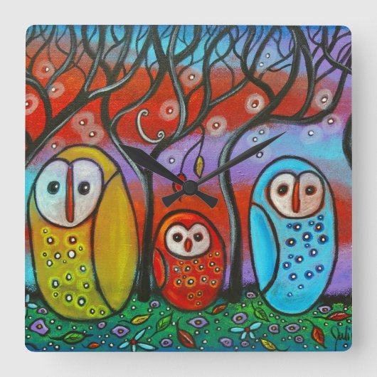 De wandklok van de Owl Family Vierkante Klok (Voorkant)