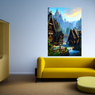 De waterval van de stad Viking en de berg   AI Art Poster