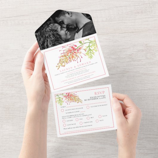 De waterverf van Grevillea Forta RSVP-opties All In One Uitnodiging (Afscheurbaar)