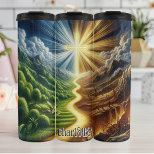 De weg naar het verlichte kruis thermosbeker