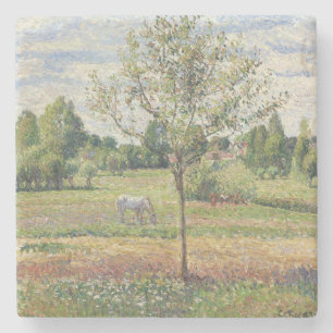 De weide met grijze paard, Eragny, Olieverfschilde Stenen Onderzetter