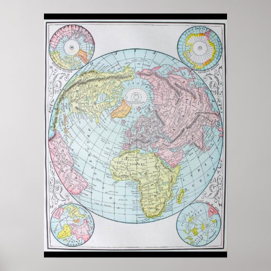 De wereld op een poolprojectie (1892) poster (Voorkant)