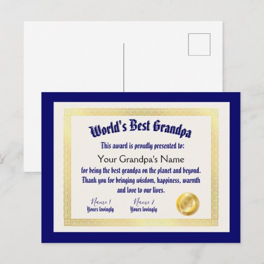 De Werelds Beste Opa Certificaat van Modern Grappi Briefkaart (Voorkant / Achterkant)