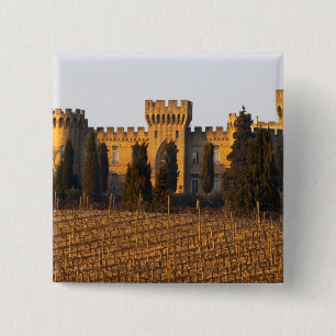De wijngaard met syrah-druiven en het kasteel vierkante button 5,1 cm