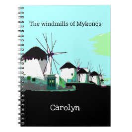 De windmolens van het reisblad Mykonos, jouw naam Notitieboek
