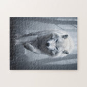 De witte wolf in het mistige bos legpuzzel (Horizontaal)