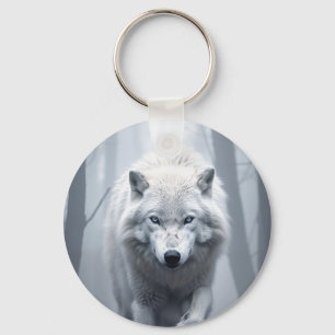 De witte wolf in het mistige bos sleutelhanger
