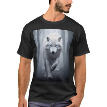 De witte wolf in het mistige bos