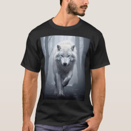 De witte wolf in het mistige bos t-shirt