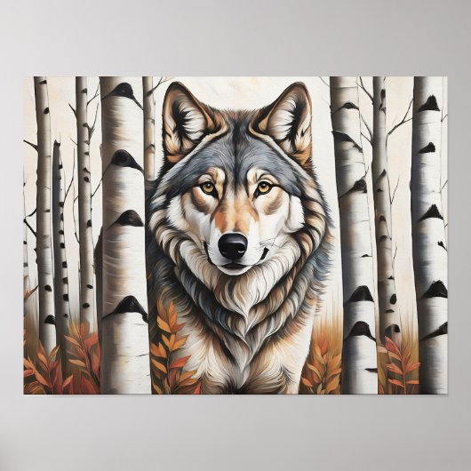 De wolf tussen berkenbomen poster (Voorkant)