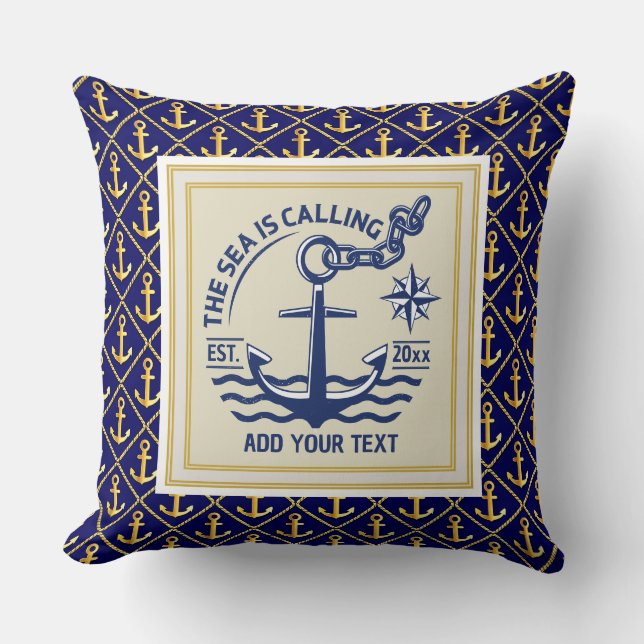 De Zee Roept Aangepaste Naam Anker Navyblauw Kussen (Voorkant)