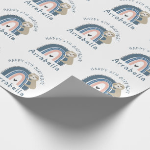 De zesde verjaardag van Cute Sloth Rainbow Girl Cadeaupapier