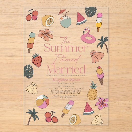 De zomer dat ik getrouwd Tropisch Vrijgezellenfees Acryl Uitnodigingen (Voorkant)