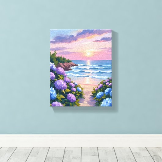 De zomer van New England | Hydrangea Beach Paintin Canvas Afdruk (Insitu (Houten vloer))