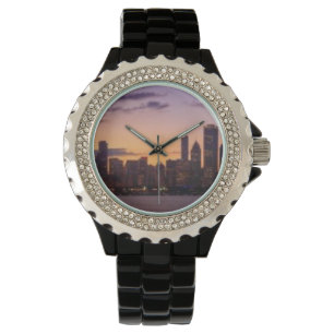 De zon gaat over de skyline van Chicago Horloge