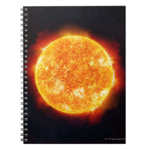 De zon toont zonnevlammen tegen een ster notitieboek