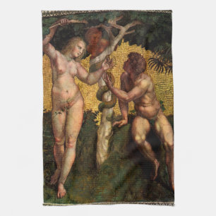 De Zondeval - Adam en Eva door Raphael Sanzio Theedoek
