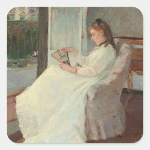 De zuster van de kunstenaar in een raam, 1869 vierkante sticker