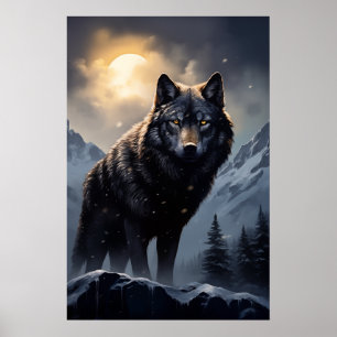 De zwarte wolf in de besneeuwde bergen poster