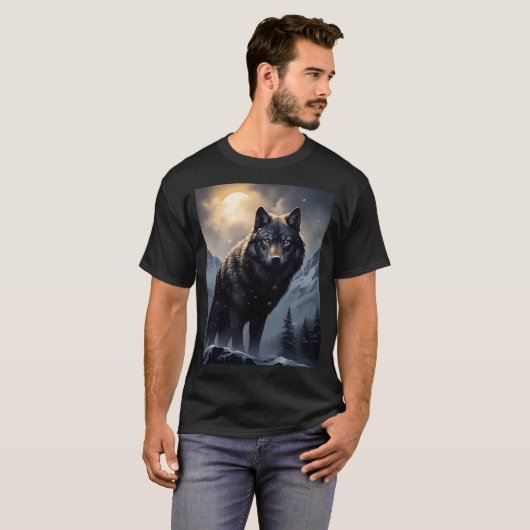 De zwarte wolf in de besneeuwde bergen t-shirt (Voorkant volledig)