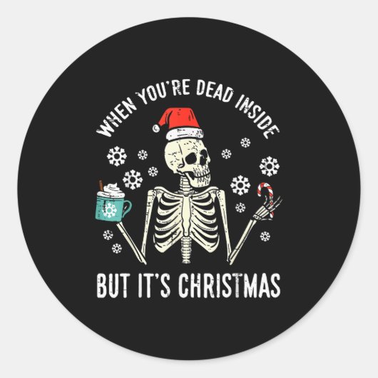 Dead Inside But Its Christmas Skeleton Coffee Xmas Ronde Sticker (Voorkant)