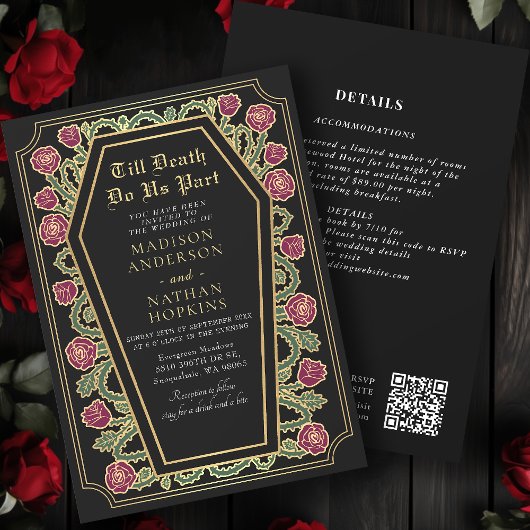 Death Do Us Part Gold Black Gothic Wedding QR-code Kaart