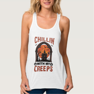 Débardeur Maison hantée Halloween Chillin Creeps Lune Orange