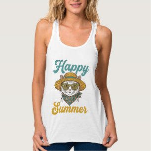 Débardeur T-shirt design vintage gravure chat été heureux_1