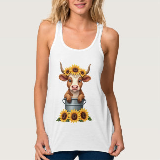 Débardeur Tournesol Vintage Vache Highland dans Seau Floral 