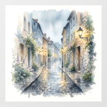 Rue européenne en pavés de galets à jour de pluie