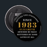 Décapsuleur 40th Birthday Born 1983 Ajouter Nom Black Gold<br><div class="desc">Anniversaire personnalisé ajoutez votre nom et l'ouverture de bouteille de l'année. Modifiez le nom et l'année avec le modèle fourni. Un merveilleux accessoire de fête d'anniversaire personnalisé. Plus de cadeaux et de fournitures de fête disponibles avec le design "normes de fixation" dans le magasin.</div>