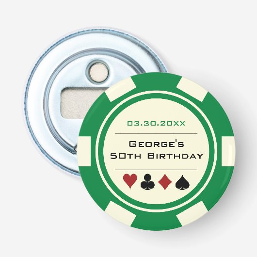 Décapsuleur Anniversaire Poker Chip Casino Thème Green Off Whi (Devant)