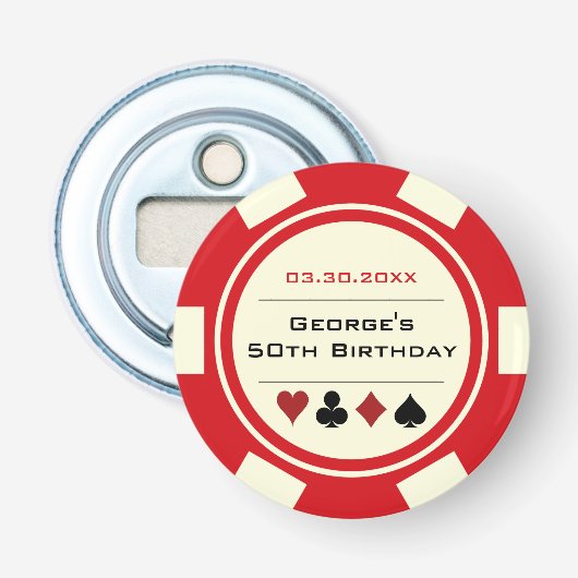 Décapsuleur Anniversaire Poker Chip Casino Thème Red Off White (Devant)