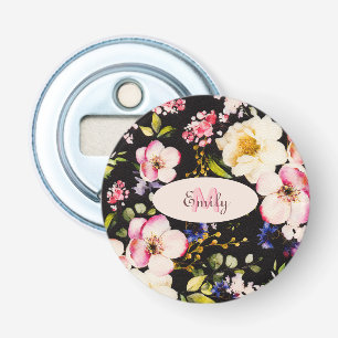 Décapsuleur Aquarelle rose Roses jaunes sur noir, Monogramme
