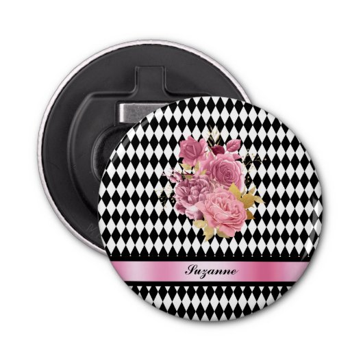 Décapsuleur Arlequin noir blanc avec fleur rose et nom (Devant)