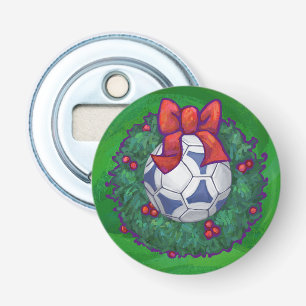 Décapsuleur Bal de soccer blanc et bleu sur vert