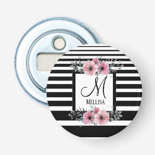 Décapsuleur Bandes noires et blanches Monogramme floral rose