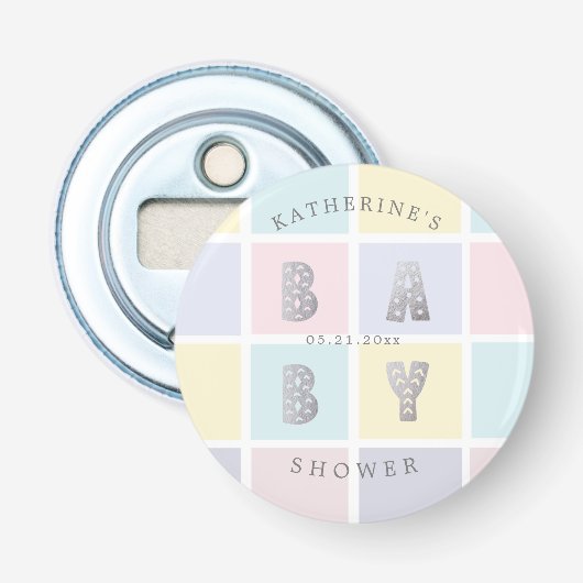 Décapsuleur bloc de couleur pastel baby shower argent (Devant)
