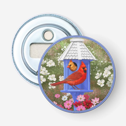 Décapsuleur Cardinaux et maison d'oiseaux bleue (Devant)