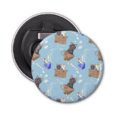 Décapsuleur Chats en boîte et gouttes de lait sur bleu (Devant)