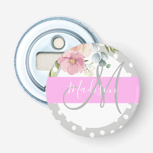 Décapsuleur Chic & Girly Floral Blanc Rose Gris Monogram Nom