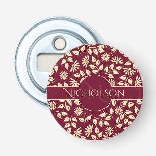 Décapsuleur Chic Monogramme Nom Motif Feuille Daisy Bordeaux