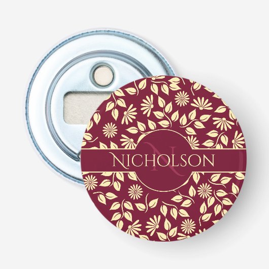 Décapsuleur Chic Monogramme Nom Motif Feuille Daisy Bordeaux (Devant)
