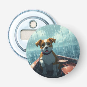 Décapsuleur Chien sur bateau dans l'océan sous la pluie