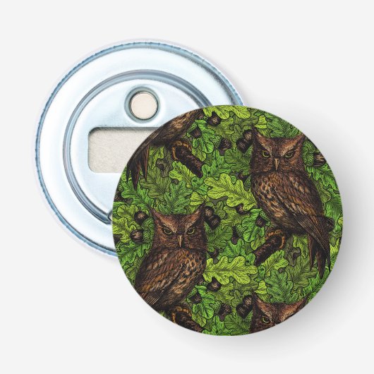 Décapsuleur Chouettes dans le chêne, vert et marron (Devant)