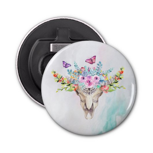 Décapsuleur Crâne animal Boho avec papillons et fleurs (Devant)