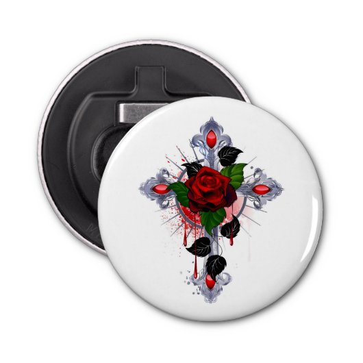 Décapsuleur Croix d'argent avec une rose rouge (Devant)