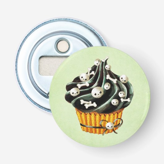 Décapsuleur Cupcake d'Halloween noir avec de minuscules crânes (Devant)